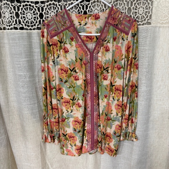 Anthropology Soft Surroundings Woman’s Long Sleeve V Neck Multicolor Floral Top - Picture 1 of 7